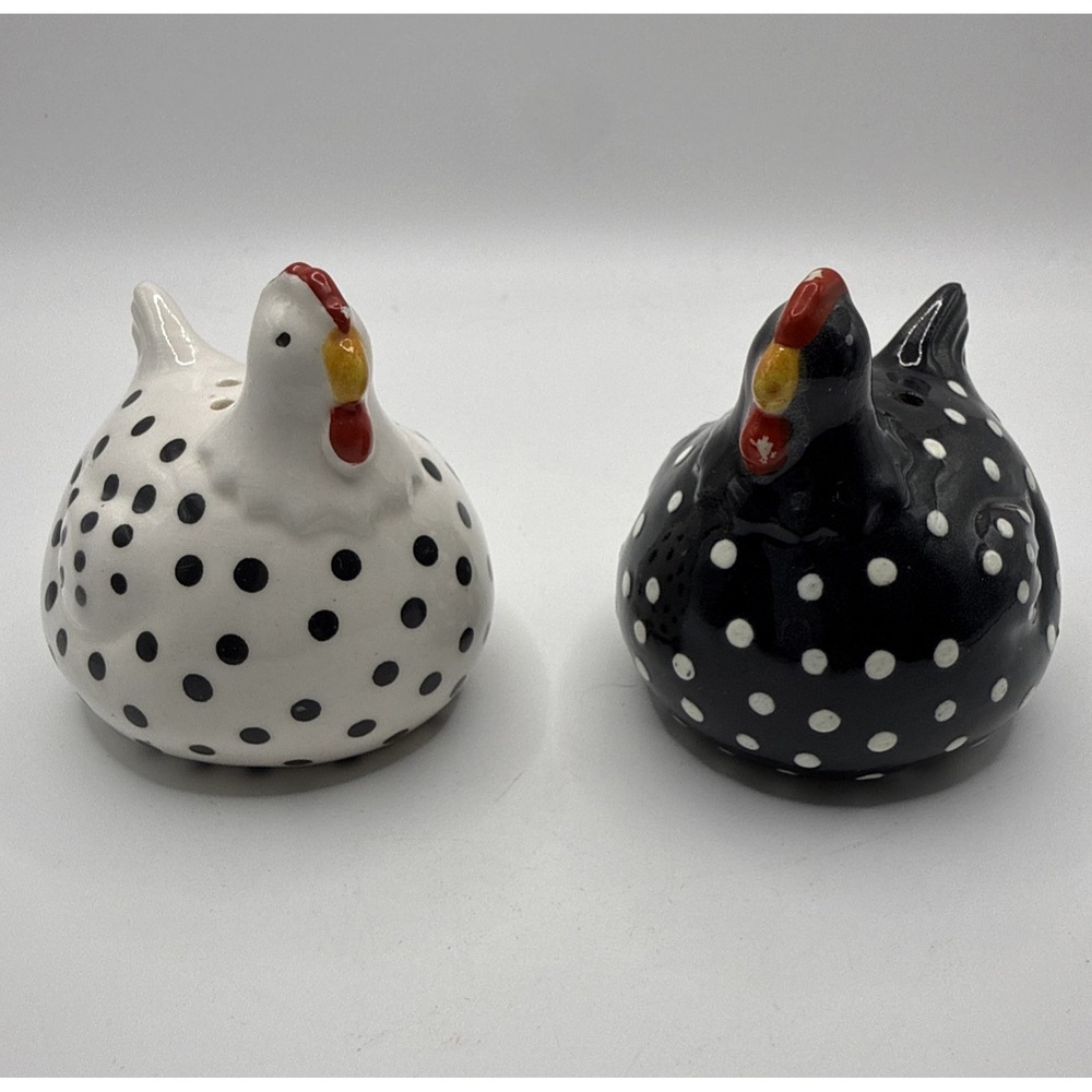 Vintage Clay Art Philippines Polka Dot Black & White Chicken Salt & Pepper Set